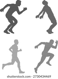 This image features four distinct silhouettes of athletes in various dynamic poses isolated on a transparent background The athletes are depicted in midaction showcasing different sports movements such as running jumping and kicking The silhouettes are composed of small dots giving a textured and artistic representation of the athletes forms Ideal for use in sportsthemed designs motivational content and fitnessrelated projects