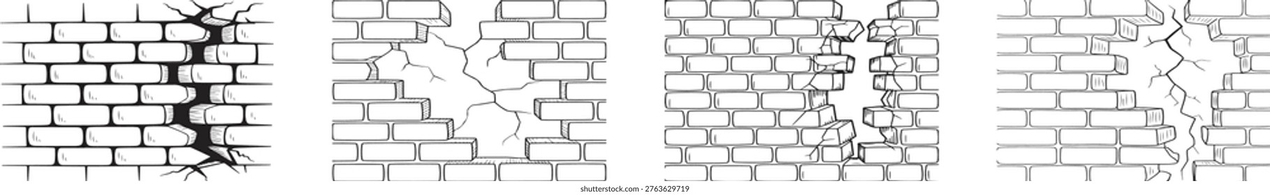 This image features four distinct brick wall illustrations showcasing various crack and damage styles, from heavily fractured to subtly crazed, in black and white line art on a white background