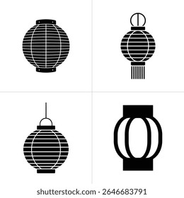 This image features four diverse black silhouette illustrations of lanterns, each exhibiting unique Asian-inspired design elements against a clean white backdrop for contrast.