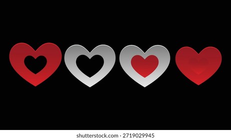 Esta Imagen presenta cuatro Formas de corazón dispuestas en una fila sobre un fondo negro. El primer y el último corazón son de color rojo sólido, mientras que los dos corazones del medio están delineados en rojo con un relleno blanco.