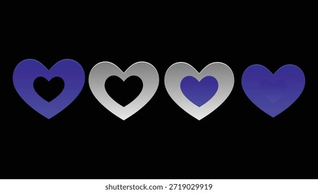 Esta Imagen presenta cuatro corazones dispuestos en una fila sobre un fondo negro. Los corazones varían en color y sombreado, con dos corazones que son de color azul sólido y los otros dos que tienen un gradiente de azul y gris. Los corazones son simétricos y espaciados uniformemente, creando una composición visualmente equilibrada.