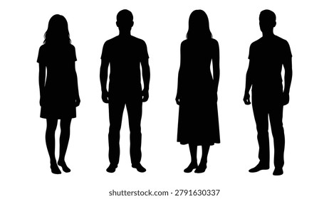 This image features four human silhouettes in full body view against a white background. The figures are depicted in standing poses with minimal detail.