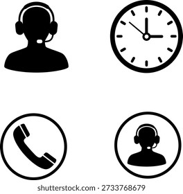 This image features four icons representing different aspects of customer support. The icons include a person wearing a headset, a clock, a telephone, and another person wearing a headset.