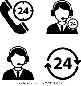 Dieses Bild zeigt vier Symbole, die 24 7 Kundendienst darstellen. Das erste Symbol zeigt ein Telefon mit einer 24-Stunden-Uhr. Das zweite Symbol zeigt einen Kundendienstmitarbeiter mit einem Headset und einem Badge, der die Verfügbarkeit rund um die Uhr anzeigt. 