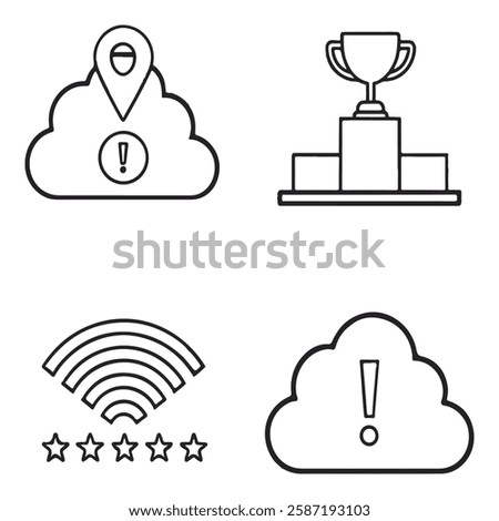 This image features four icons representing cloud computing and achievements. The icons include a cloud with a location pin and exclamation mark, a trophy on a podium, a Wi-Fi signal with five stars