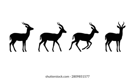This image features four impala antelope depicted as black silhouettes against a white background. The animals are shown in various walking poses and the silhouette style is a distinctive feature of the image.