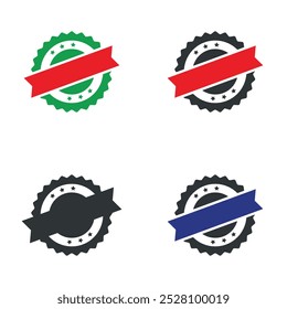 This image features four minimalist circular badges with ribbons in red, green, blue, and black. The badges are bordered by stars and dots, offering a sleek design perfect for logos, awards, or labels