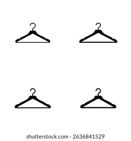 This image features four minimalist black clothes hanger icons arranged on a clean white background. Perfect for design projects related to wardrobe organization.