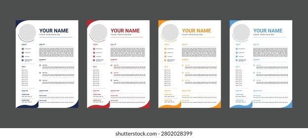 This image features four modern resume templates with colorful designs in blue, red, orange, and light blue on a dark gray background, each with a unique style and layout
