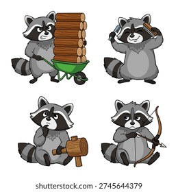 This image features four playful raccoons in whimsical and humorous scenarios, each engaging with different tools and weapons in a vibrant, cartoon-style illustration with bold outlines and vivid