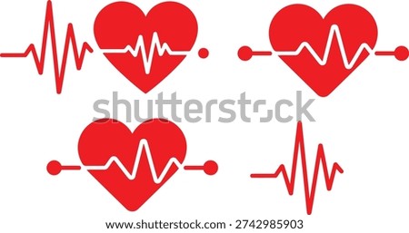 This image features four red heart icons, each paired with a heartbeat line graph. The hearts are uniformly styled with rounded edges and a bold outline, while the heartbeat lines are depicted with red waves and dots, symbolizing a steady heartbeat rhythm. The arrangement is symmetrical, with two hearts and their corresponding heartbeat lines on the top and bottom halves of the image.