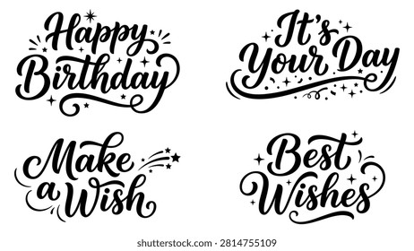 This image features four separate handlettered birthday greetings with decorative stars, presented in black vector illustrations on a clean white background.