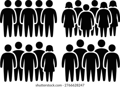 This image features four sets of black silhouette icons representing different groups of people. The top left cluster contains five male figures. The top right cluster consists of five female figures. The bottom left cluster shows a mix of four male figures and one female figure. The bottom right cluster displays five male figures arranged in two rows. These icons are commonly used to represent demographics, social groups, teamwork, or community in various graphic design contexts.