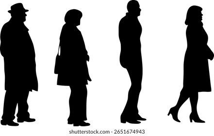 Dieses Bild zeigt vier silhouettierte Figuren, zwei Männer und zwei Frauen, die in einer Reihe auf weißem Hintergrund stehen. Die Figuren sind schwarz dargestellt, wodurch ein auffälliger Kontrast entsteht.