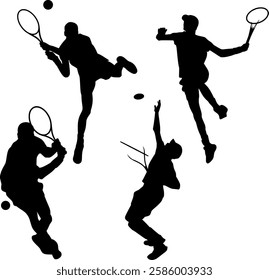 This image features four silhouettes of tennis players in various poses playing tennis. The silhouettes are black against a white background, creating a sharp contrast and focusing on the body shapes 