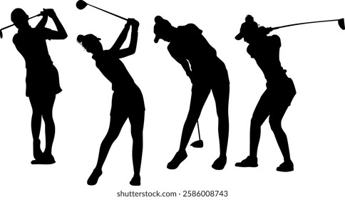 This image features four silhouettes of female golf players in various poses playing golf. The silhouettes are black against a white background, creating a sharp contrast and focusing on the bodyshape