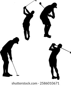 This image features four silhouettes of female golf players in various poses playing golf. The silhouettes are black against a white background, creating a sharp contrast and focusing on the bodyshape