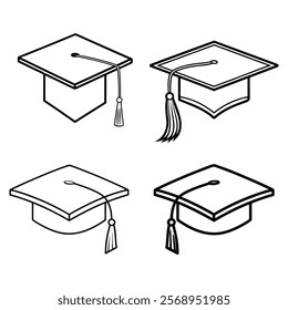 This image features four simple, black and white line art icons of graduation caps.
