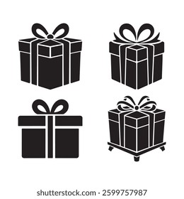 This image features four solid black gift box icons, each with a ribbon and bow.