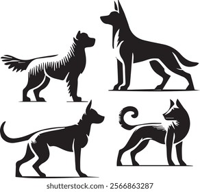 
This image features four stylized silhouettes of different dog breeds, each depicted in a bold and artistic design. The illustrations emphasize the unique shapes, fur patterns, and postures of the do