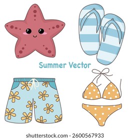 This image features four summer icons a starfish with a face, flip flops, swimming trunks, and a bikini top and bottoms.
