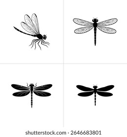 This image features four unique dragonfly silhouette illustrations set against a stark white background. Each design presents a distinct style and perspective of these insects.