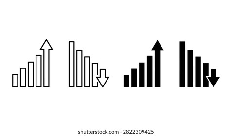 This image features four variations of bar graphs depicted in black and white line art, each showing either an upward or downward trend with accompanying arrows.