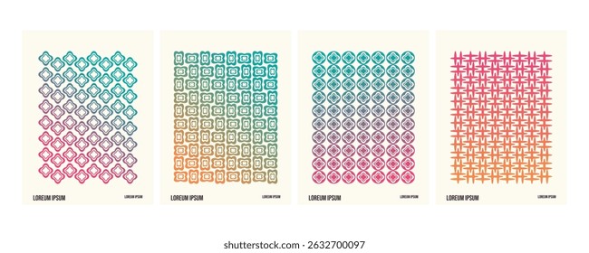 This image features four vector designs with repetitive geometric patterns arranged in a neat grid. All four designs use a consistent visual approach, a combination of symmetrical shapes and soft clor