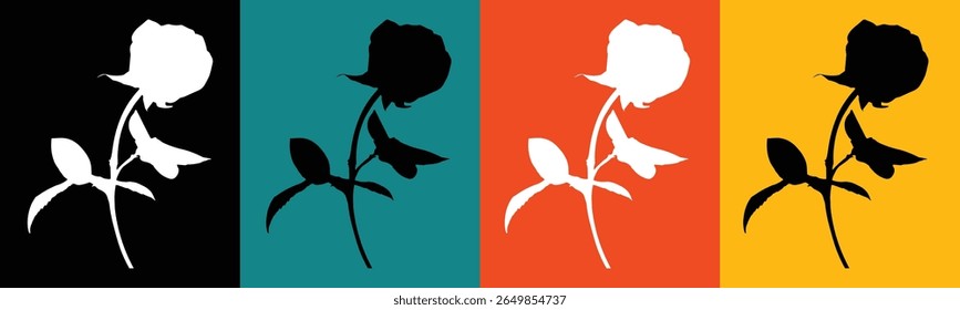 This image features four vertical panels, each displaying a silhouette of a rose. The first panel has a white rose silhouette against a black background.