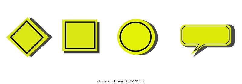 This image features four vibrant yellow geometric shapes: a diamond, a square, a circle, and a speech bubble. Each shape is outlined in black and casts a subtle shadow