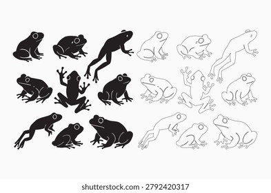This image features frog silhouettes and line drawings in black and white, set against a white background. Various poses are
