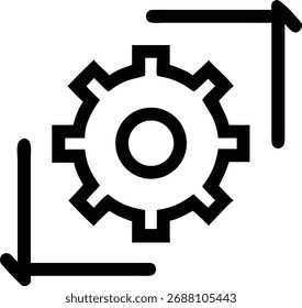 Dieses Bild zeigt ein Zahnradsymbol mit orthogonalen Pfeilen, die Transformation und Veränderung symbolisieren. Sie repräsentiert Anpassung, Umwandlung und Veränderung innerhalb eines Systems.