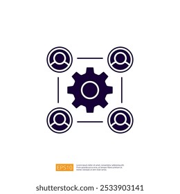 This image features a gear symbol surrounded by user icons, representing collaboration, teamwork, and management in a business or organizational context.
