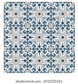 This image features a geometric cross-stitch pattern in shades of blue, beige, and white. The intricate design includes symmetrical shapes and repeating motifs creating a classic, traditional look.