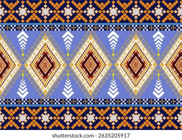 This image features a geometric ethnic textile pattern with a dominant diamond motif. The primary color scheme includes blue, orange, white, red, and gold, arranged in a symmetrical and repeating layo