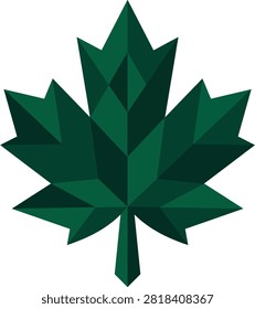 This image features a geometric maple leaf illustration rendered in dark green polygonal shapes against a white background. The design utilizes flat vector graphics and a clean, isolated presentation.