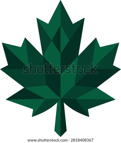 This image features a geometric maple leaf illustration rendered in dark green polygonal shapes against a white background. The design utilizes flat vector graphics and a clean, isolated presentation.