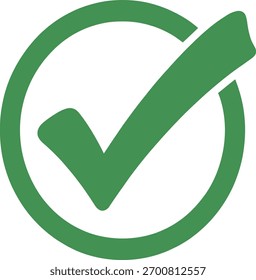 Esta imagem apresenta uma marca de seleção verde delimitada por um círculo verde, posicionado sobre um fundo branco. A própria marca de seleção é em negrito e levemente estilizada, com curvas suaves que adicionam uma qualidade dinâmica 