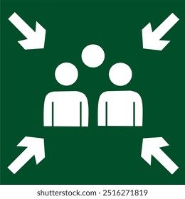 This image features a green emergency meeting point icon with figures and arrows pointing towards a gathering area, ideal for evacuation signs in buildings or public spaces.