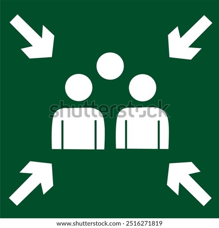 This image features a green emergency meeting point icon with figures and arrows pointing towards a gathering area, ideal for evacuation signs in buildings or public spaces.