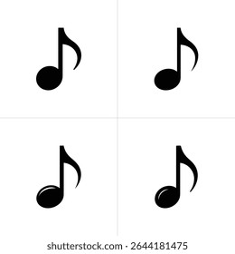 Esta imagem apresenta um layout de grade mostrando quatro símbolos musicais de oitava nota preta isolados contra um fundo branco e limpo. Cada nota é renderizada com clareza simples.