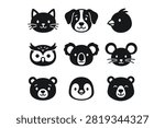 This image features a grid of nine simple black and white animal head icons, including a cat, dog, bird, owl, koala, mouse, and various bear faces for creative design projects.