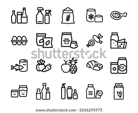 This image features grocery, food, household, products, line art, icons, design elements, black and white. Collection of Grocery Items and Household Products in Black and White Line Art 