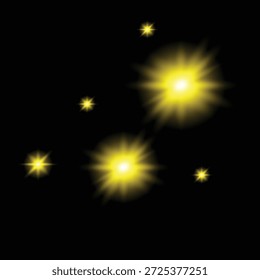 Esta Imagen presenta un grupo de estrellas amarillas brillantes que brillan sobre un fondo negro, evocando una sensación de maravilla celestial y magia. Las estrellas varían en tamaño y brillo, algunas aparecen como puntos de luz afilados y otras como esferas suaves y brillantes. El efecto general es de drama y emoción, invitando al espectador a Explore los misterios del universo.