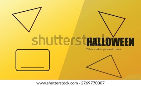 This image features a Halloween theme with a yellow and orange gradient background. It includes three geometric shapes: two triangles and one rectangle. The triangles are outlined in black and positioned at the top left and bottom right of the image. The rectangle is yellow with a black outline and two horizontal lines inside, located towards the bottom left. The word 'Halloween' is prominently displayed in bold, stylized text in the center-right portion of the image, with additional smaller text below it.