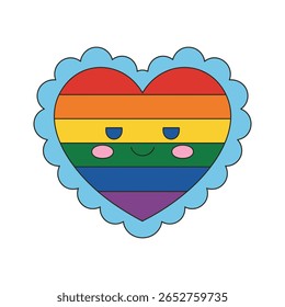 Esta imagem mostra coração, arco-íris, lgbtq, orgulho, bonito, personagem, kawaii, recortado. Personagem bonito do coração do arco-íris com borda recortada no fundo branco