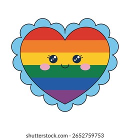 Esta imagem mostra coração, arco-íris, orgulho, lgbtq, ilustração, bonito, kawaii, rosto. Coração de arco-íris bonito com rosto e borda azul ilustração