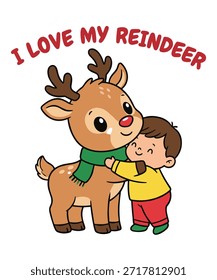 Esta Imagen presenta una conmovedora ilustración de dibujos animados de un niño abrazando a un reno. El reno está adornado con una bufanda verde, y la frase 'AMO A MI RENO' se muestra prominentemente encima de ellos. El estilo artístico es lúdico y colorido, evocando un sentimiento alegre y festivo. Archivo EPS de Vector totalmente editable adecuado para proyectos de diseño, impresión y Web.