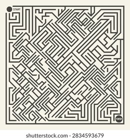 This image features a high-contrast, intricate square maze design rendered in black lines against a light background. The geometric pattern consists of numerous winding paths, dead ends and corridors that create a challenging visual puzzle. The composition is balanced and symmetrical, emphasizing the complexity of the navigation task from the entry point to the exit