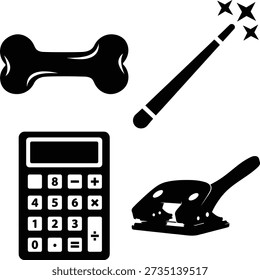 This image features a high-contrast quartet of black silhouette icons set against a pristine white background, offering a versatile visual resource for various design needs. The top left displays a smooth, stylized dog bone, often associated with pets, health, and well-being. Adjacent to it, a whimsical magic wand with sparkling stars evokes themes of fantasy, enchantment, and wonder. The lower left presents a recognizable calculator, symbolizing mathematics, finance, accounting, and technological tools. Completing the set on the lower right is a two-hole paper punch, representing office work, organization, and stationery. These isolated icons are perfect for educational materials, business presentations, children's content, or general graphic design, providing clear and easily digestible imagery.